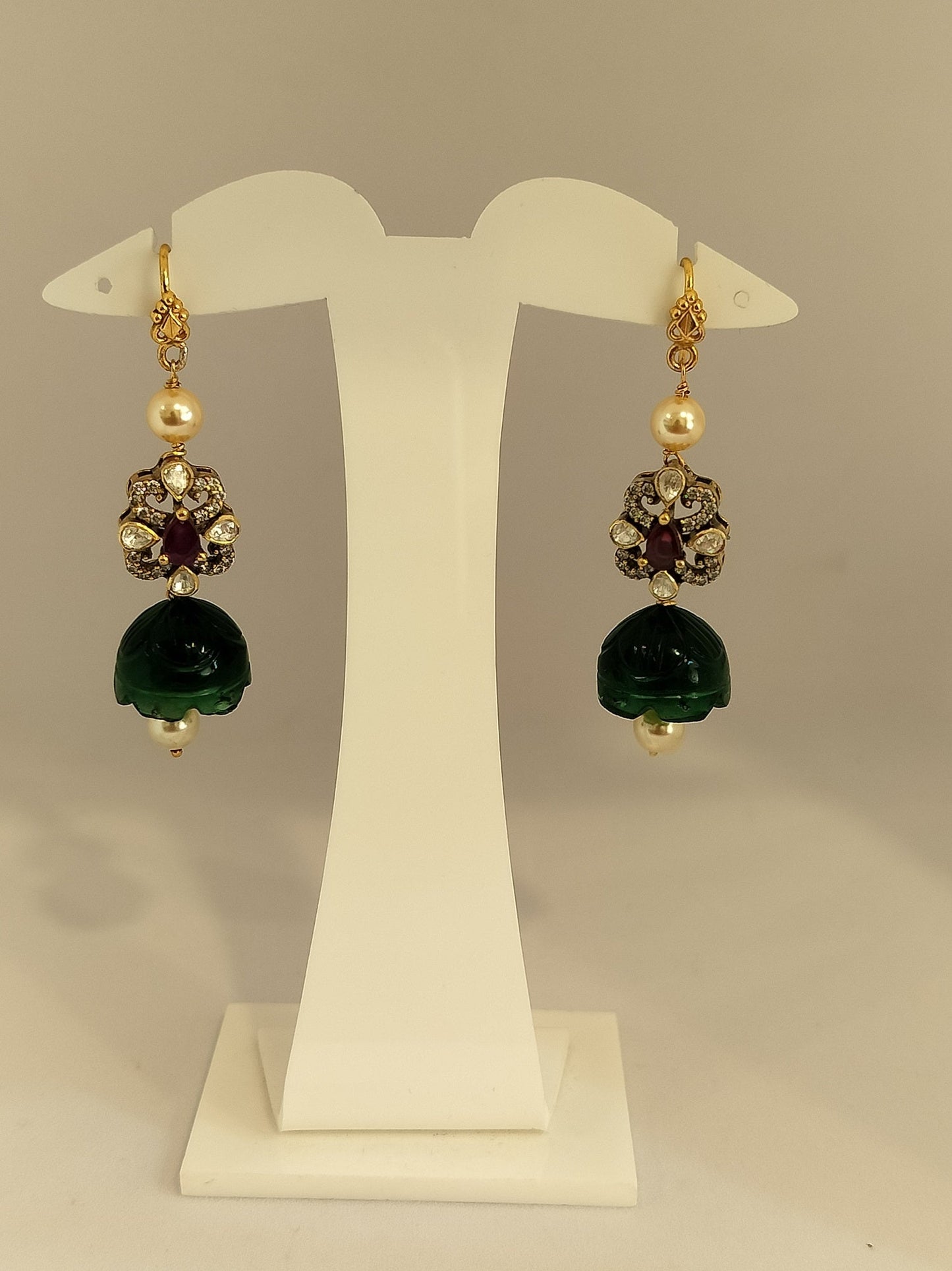 GreenSmallCarved Glass Jhumka Hangings