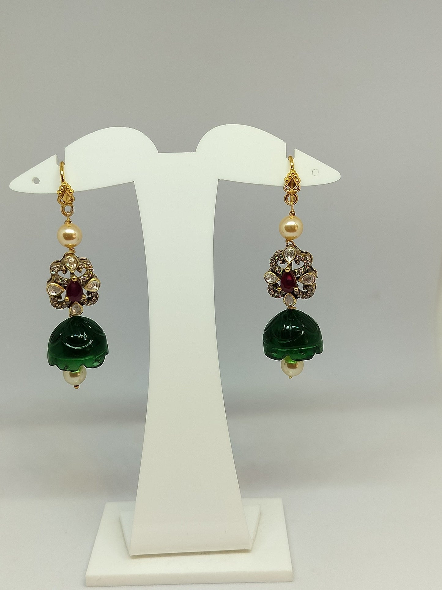 GreenSmallCarved Glass Jhumka Hangings