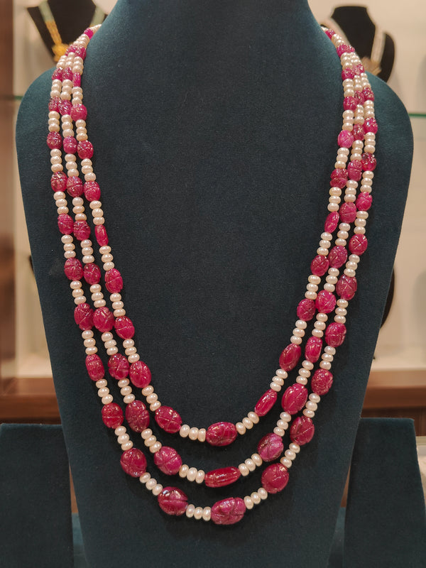Carved Ruby Beads With Pearls