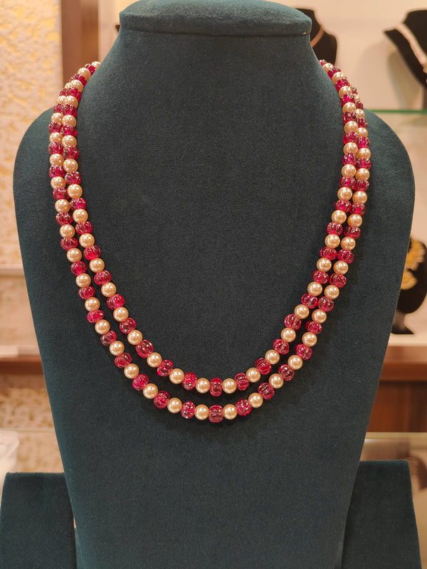 2 Lines Ruby Tarbuja Beads With Swarovski Pearls