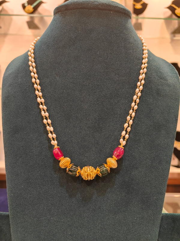 Rice Pearls Tharmala With Green Beads