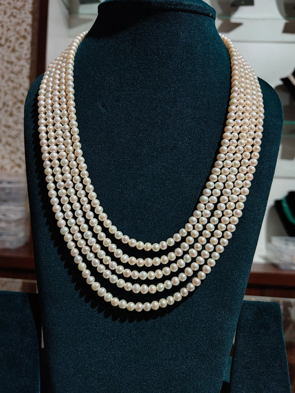 Round Pearls – Small Size, 5-Line Necklace | Elegant Multi-Layer Pearl Jewellery