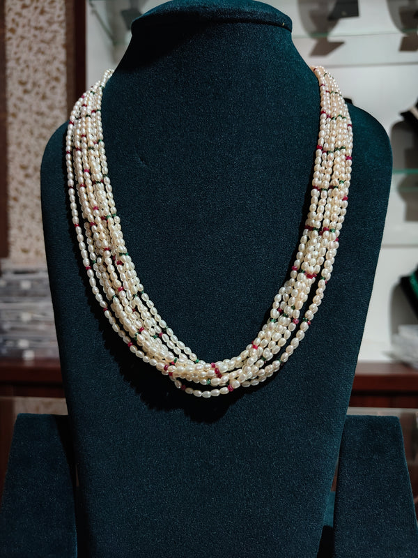 Rice Pearls combined with Emerald(small) and Ruby